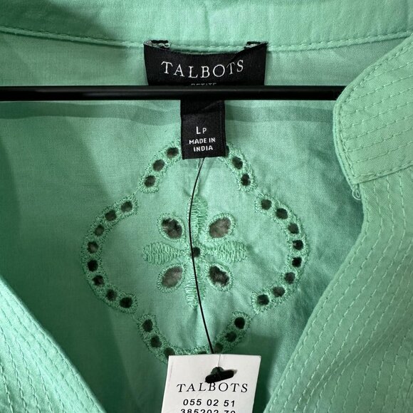 Talbots Shirt Womens Petite Large Green Eyelet Split Neck Scallop Hem Boho - Picture 2 of 7